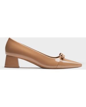 Charles & Keith Dorian Patent Bow Pointed-Toe Block-Heel Court Shoes - Natural