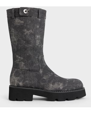 Charles & Keith Denim Side-Zip Lug-Sole Calf Boots - Black