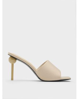 Charles & Keith Satin Crystal-Embellished Ball-Heel Mules - Natural