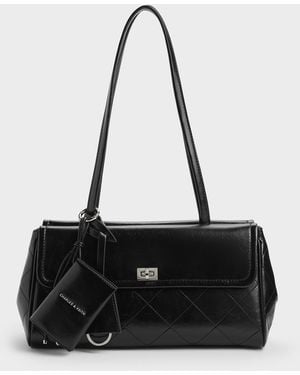 Charles & Keith Apfra Quilted Elongated Shoulder Bag - Black