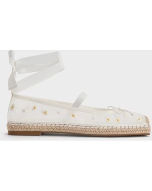 Charles & Keith Bernadine Mesh Floral-embroidered Tie-around Espadrille Flats - White