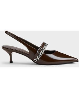 Charles & Keith Georgie Chain Slingback Kitten Heels - Brown