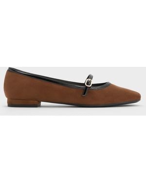 Charles & Keith Faux Suede Contrast-Trim Buckle-Strap Mary Janes - White