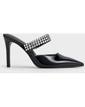 Charles & Keith Patent Crystal-Embellished Heeled Mules - White