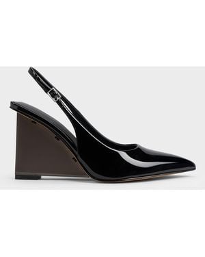 Charles & Keith Patent Translucent-Heel Slingback Wedges - Black