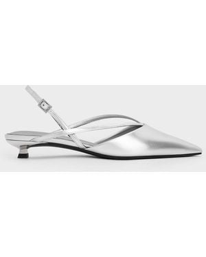 Charles & Keith Metallic V-Strap Slingback Kitten Heels - White