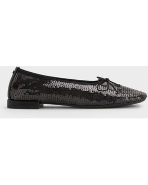 Charles & Keith Sequin Mesh & Leather Bow Ballet Flats - White