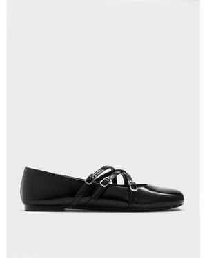 Charles & Keith Patent Triple-Strap Mary Jane Flats - Black