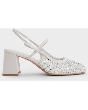 Charles & Keith Mesh Sequinned Slingback Mary Jane Court Shoes - White