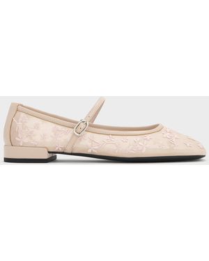 Charles & Keith Gertrude Embroidered-Mesh Mary Janes - Natural