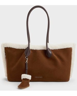 Charles & Keith Cosima Fur-Trim Tote Bag - Brown