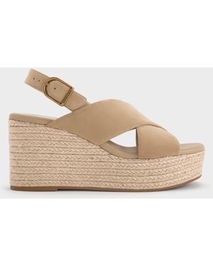 Charles & Keith Faux Suede Crossover Espadrille Wedges - Natural