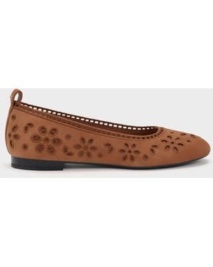 Charles & Keith Leather Embroidered Ballet Flats - Brown