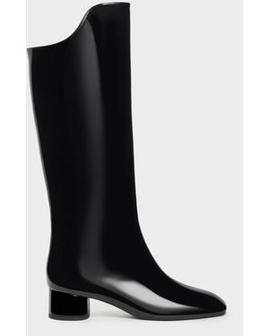 Charles & Keith Patent Elongated Square-Toe Knee-High Boots - Black