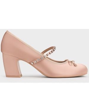 Charles & Keith Satin Gem-Embellished Bow Mary Jane Court Shoes - Pink