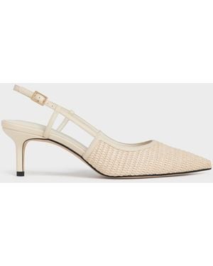 Charles & Keith Raffia Pointed-Toe Slingback Court Shoes - Natural