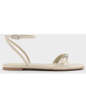 Charles & Keith Patent Crystal-Buckle Ankle-Strap Sandals - White