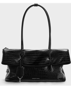 Charles & Keith Aveline Croc-Effect Front-Flap Shoulder Bag - Black