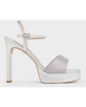 Charles & Keith Metallic Crystal-Embellished Platform Sandals - White