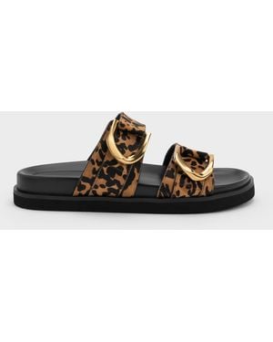 Charles & Keith Gabine Leopard-Print-Buckle Leather Slides - Multicolour