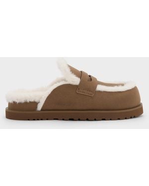 Charles & Keith Furry Flatform Mules - Brown