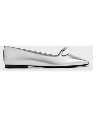 Charles & Keith Metallic Bow Square-Toe Ballet Flats - White