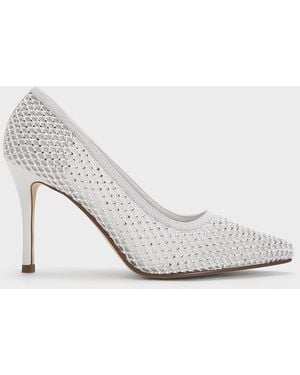 Charles & Keith Mesh Crystal-embellished Pointed-toe Court Shoes - White