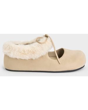 Charles & Keith Emila Faux Suede Fur-Trim Mary Jane Flats - Natural