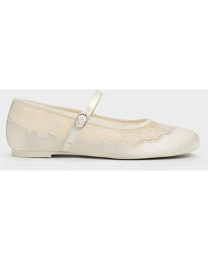 Charles & Keith Satin Embroidered-mesh Mary Jane Flats - Natural