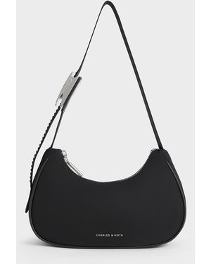 Charles & Keith Nylon Curved Metallic-accent Shoulder Bag - Black