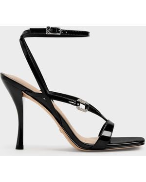 Charles & Keith Patent Leather Crystal-Buckle Ankle-Strap Heels - White