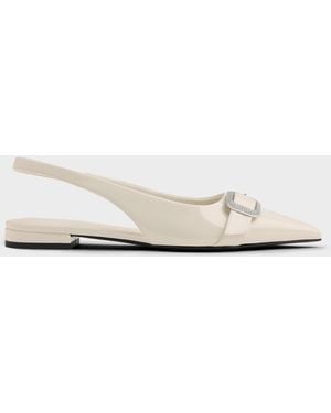 Charles & Keith Patent Crystal-Buckle Pointed-Toe Slingback Flats - White