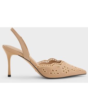 Charles & Keith Leather Embroidered Pointed Slingback Pumps - White