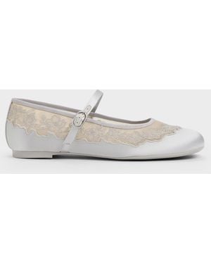 Charles & Keith Satin Embroidered-mesh Mary Jane Flats - White