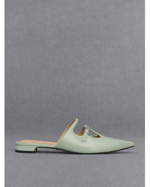 Charles & Keith Leather T-Bar Double-Strap Mules - Grey