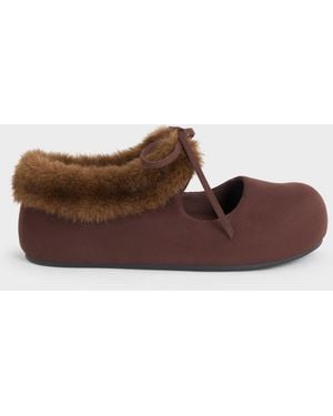 Charles & Keith Emila Faux Suede Fur-Trim Mary Jane Flats - Brown
