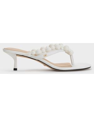 Charles & Keith Leather Beaded Thong Kitten Heels - White