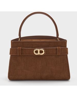 Charles & Keith Aubrielle Croc-effect Belted Top Handle Bag - Brown