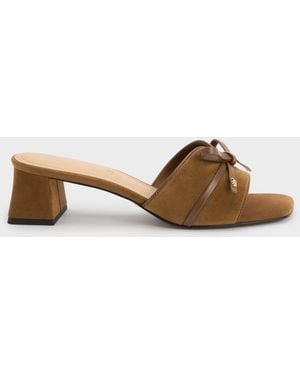 Charles & Keith Leather & Suede Bow Heeled Mules - Brown