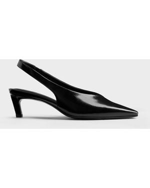 Charles & Keith Patent Tapered Square-Toe Slingback Kitten Heels - Black