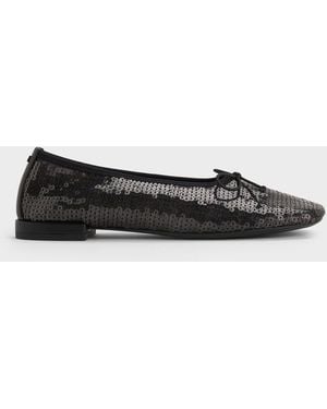 Charles & Keith Sequin Mesh & Leather Bow Ballet Flats - White