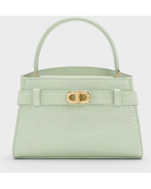 Charles & Keith Aubrielle Croc-Effect Belted Top Handle Bag - Green