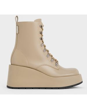 Charles & Keith Lace-up Platform Wedge Ankle Boots - Natural