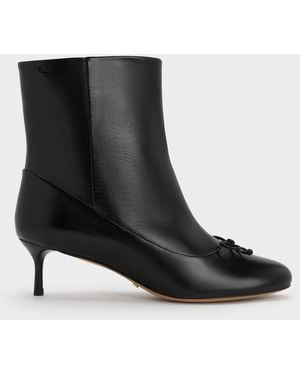 Charles & Keith Aretha Leather Bow Kitten-Heel Calf Boots - Black