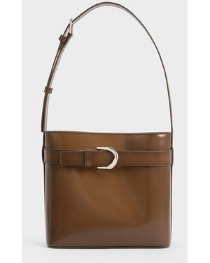 Charles & Keith Gabine Leather Belted Bucket Bag - White