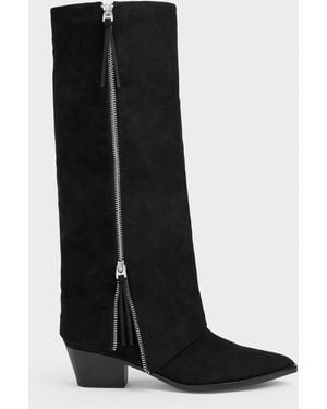 Charles & Keith Aether Faux Suede Tassel-Zip Knee-High Boots - Black