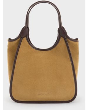 Charles & Keith Mini Sianna Recycled Suede Contrast-Trim Tote Bag - Natural