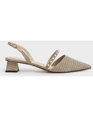 Charles & Keith Houndstooth-Print Beaded Slingback Court Shoes - Natural