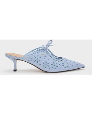 Charles & Keith Leather Embroidered Heeled Mules - White