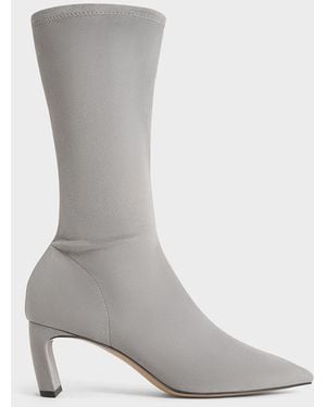 Charles & Keith Faux Suede Blade-Heel Pointed-Toe Calf Boots - White
